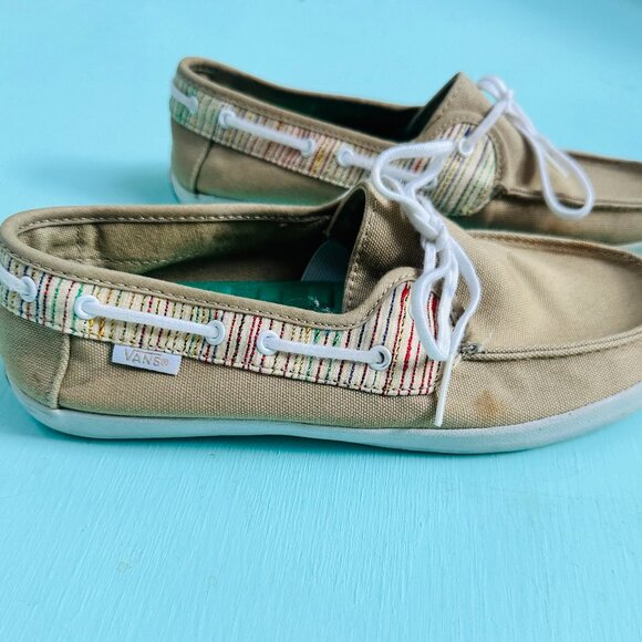 Van's Surf Siders Shoes Canvas Boat Shoes Tan Rainbow Stripes Women's Size 7.5 - Picture 1 of 6